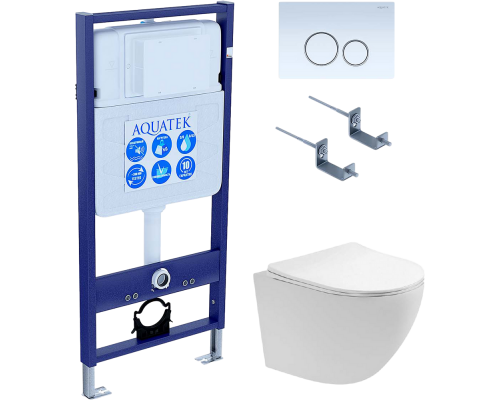 Комплект Унитаз подвесной AQUATEK Европа AQ1900T-00 безободковый, с микролифтом + Инсталляция Standard INS-0000012 + Комплект креплений KKI-0000002 + Кнопка KDI-0000015 белая