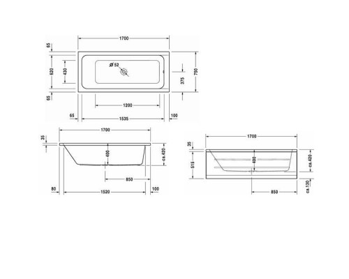 Duravit D-Code  Ванна акриловая прямоугольная 170х50x40см, встраиваемая, с 1 наклоном для спины, выпуск центральный , цвет: белый. 700099000000000,  790227000001000