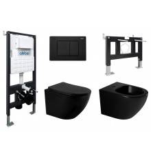 Комплект Abber Bequem AC1100MB-AC0105-AC0120MB-AC1150MB-AC0101P, Унитаз подвесной безободковый, с микролифтом + Система инсталляции + Кнопка смыва черная матовая