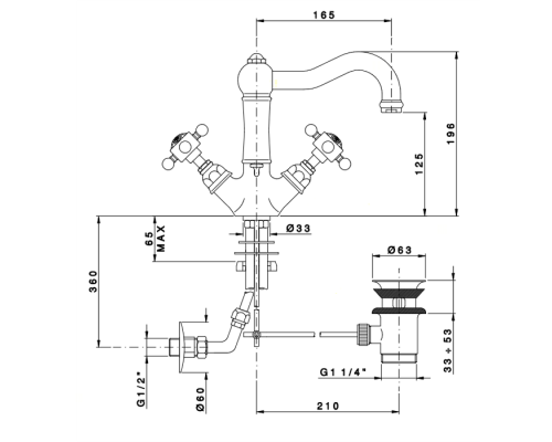 Nicolazzi Half Dome Смеситель для раковины с 2мя ручками, на 1 отв., с донным клапаном, излив 165мм, цвет: хром. 1432CR70