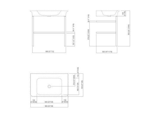 Agape Novecento XL Раковина на стальной базе 90x55x13 см, 3 отв., напольная, цвет: матовый белый/темный серый . ACER1072G,  ACER10703RBG *3