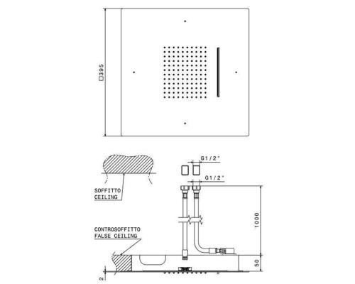 Newform Head Showers Верхний душ 40х40см, квадрат, монтаж в потолок, 2 источника: тропический душ, водопад, G1/2 , цвет: хром. 685.21.018
