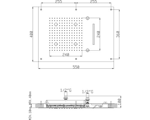 CISAL Zen Shower Встраеваемый верхний душ 55х40 см,3 типа струи,хромотерапия,выключатель,трансформатор, цвет: полированная нержавеющая сталь . ZS027070D2
