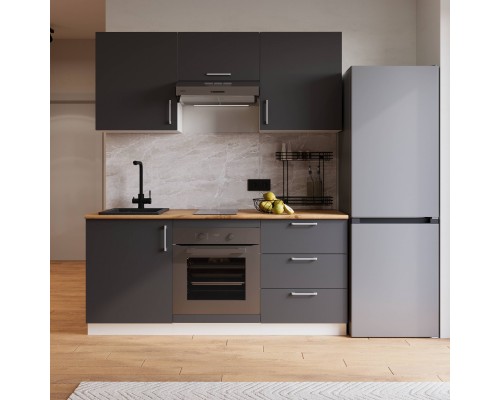 Кухонный гарнитур Domaci Болонья 180 см, фасад графит, ручка хром, столешница дуб вотан KUH-767447