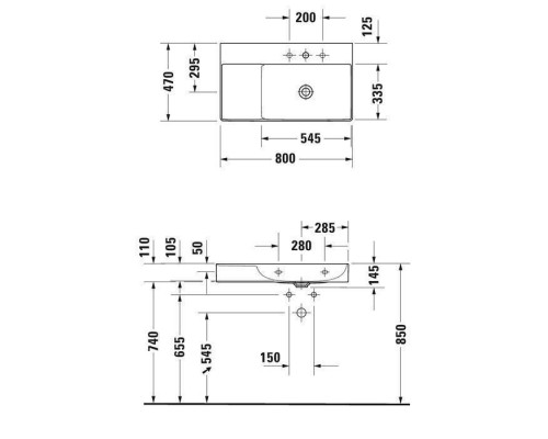 Duravit DuraSquare Раковина подвесная 80х47см, Dx, с отметками на 2 отв., без перелива, с крепежом, цвет: белый. 2349800014