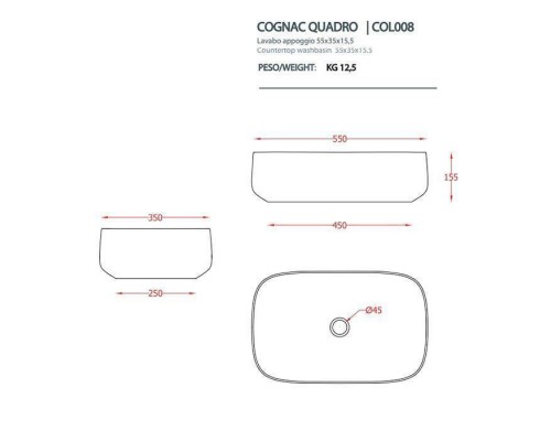 Artceram Cognac Раковина накладная Quadro 55x35 см, saniglaze, цвет: белый глянцевый. COL008 01 34