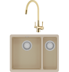 Комплект Мойка кухонная Lemark Sinara 550.2-U 9910080 бежевая + Смеситель Comfort LM3075G-Beige с гибким изливом, золото, бежевый
