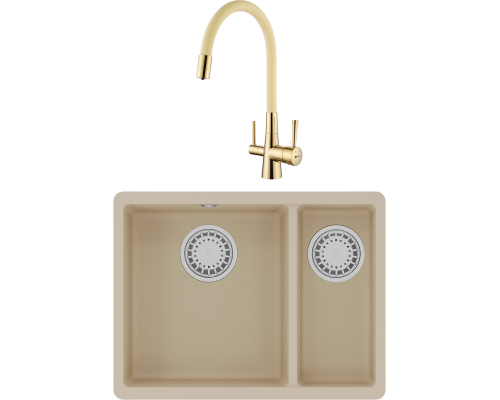 Комплект Мойка кухонная Lemark Sinara 550.2-U 9910080 бежевая + Смеситель Comfort LM3075G-Beige с гибким изливом, золото, бежевый