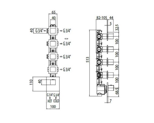Bossini Cube Термостат для душа, встраиваемый, с девиаторм/3 запорных вентиля на 5 выходов, уст-ка верт/гор., цвет: хром. Z032208.030,  Z030275000