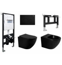 Комплект Abber Bequem AC1100MB-AC0105-AC0121MB-AC1150MB-AC0101P, Унитаз подвесной безободковый, с микролифтом + Система инсталляции + Кнопка смыва черная матовая