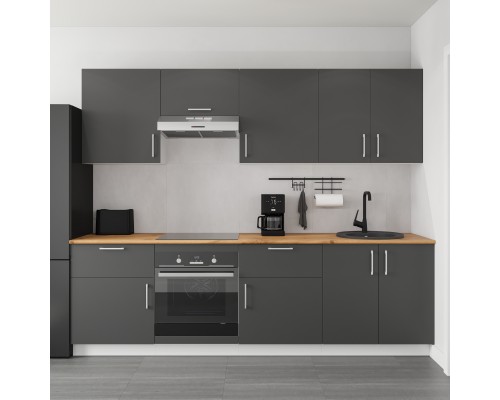 Кухонный гарнитур Domaci Болонья, 260 см, фасад графит, ручка хром, столешница дуб вотан KUH-1008825