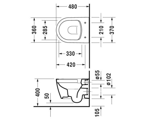 Duravit ME by Starck Унитаз подвесной 48х37см, Compact Rimless без смывного края, с вертикальным смывом, вкл. крепление Durafix, 4,5л. с HygieneGlaze. 2530092000