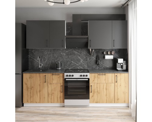Кухонный гарнитур Domaci Болонья 260 см, фасад дуб вотан, графит, ручка черная, столешница луна KUH-709673