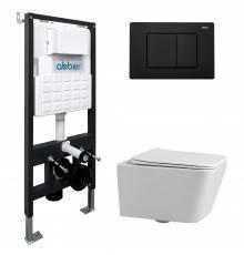 Комплект Abber Rechteck AC1201-AC0105-AC0120MB, Унитаз подвесной безободковый, с микролифтом + Система инсталляции + Кнопка смыва черная матовая