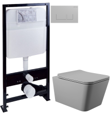 Комплект Унитаз подвесной Aqueduto Macio MAC0130 безободковый, с микролифтом, серый матовый + Инсталляция EWRIKA ProLT 0026-2020 + Кнопка 0040 хром матовый