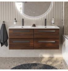 Тумба с раковиной Cezares Eco Cer-N 120, 4 ящика, орех шоколад софт, раковина Eco 120, двойная, ручки матовые черные