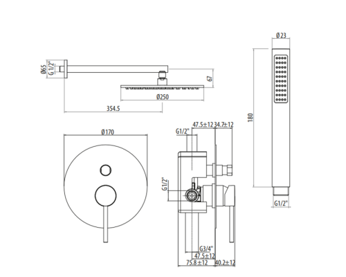 Gattoni Circle One Комплект для ванны со смесителем двстроенным на 2 вых, ручной лейкой и верхним душем 250мм, цвет: черный матовый. 9090/PDNO
