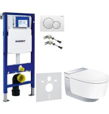 Комплект Унитаз подвесной Geberit AquaClean Mera Comfort 146.214.21.1 с системой удаления запахов, глянцевый хром + Крепления Duofix 111.815.00.1 к стене + Шумоизоляция 156.050.00.1 + Инсталляция UP 320 111.300.00.5 + Кнопка Sigma 01 115.770.11.5 белая