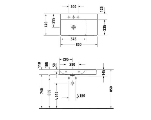 Duravit DuraSquare Раковина подвесная 80х47см, Sx, с отметками на 2 отв., без перелива, цвет: белый. 2348800040