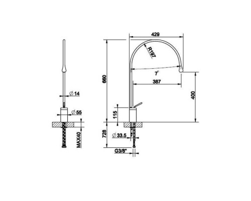 Gessi Goccia Смеситель для раковины на 1 отверстие, излив 387мм R=197, с фиксированным носиком, цвет: хром. 33808#031