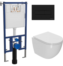 Комплект Унитаз подвесной Bauedge Bau Dream Hurricane-2 безободковый, с микролифтом, белый + Инсталляция DIWO 4501 + Кнопка 7323 черная матовая