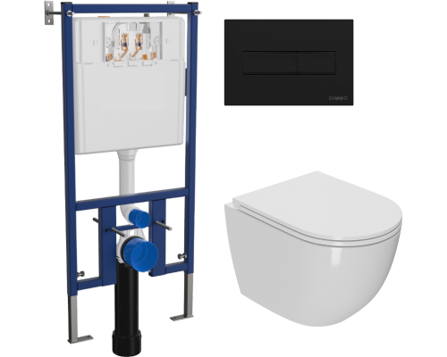 Комплект Унитаз подвесной Bauedge Bau Dream Hurricane-2 безободковый, с микролифтом, белый + Инсталляция DIWO 4501 + Кнопка 7323 черная матовая