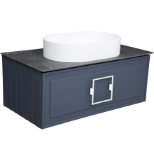 Тумба с раковиной La Fenice Cubo 90 подвесная, blu grigio, ручка белая, столешница черный мрамор, раковина белая матовая