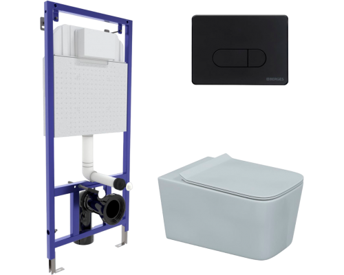 Комплект Berges Floe 043275 Унитаз подвесной безободковый, с микролифтом + Система инсталляции Novum 525 + Кнопка смыва D5 soft touch черная