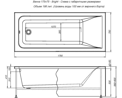 Акриловая ванна Aquanet Bright 175x75