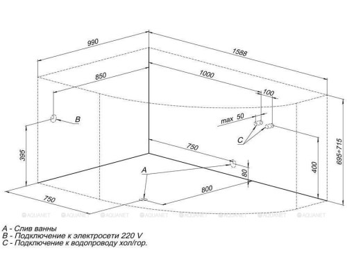 Акриловая ванна Aquanet Capri 160x100 L
