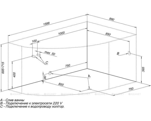 Акриловая ванна Aquanet Capri 160x100 R
