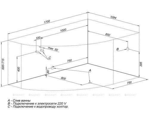 Акриловая ванна Aquanet Capri 170x110 R