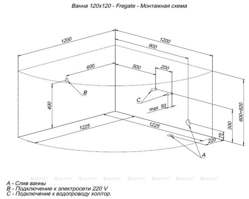 Акриловая ванна Aquanet Fregate 120x120 (с каркасом)