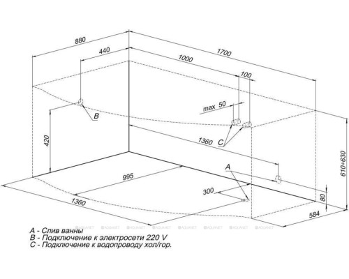 Акриловая ванна Aquanet Palma 170x90/60 L (с каркасом)