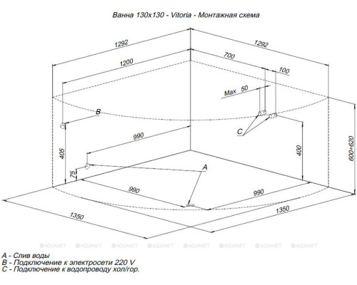 Акриловая ванна Aquanet Vitoria 130x130