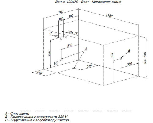 Акриловая ванна Aquanet West 120x70