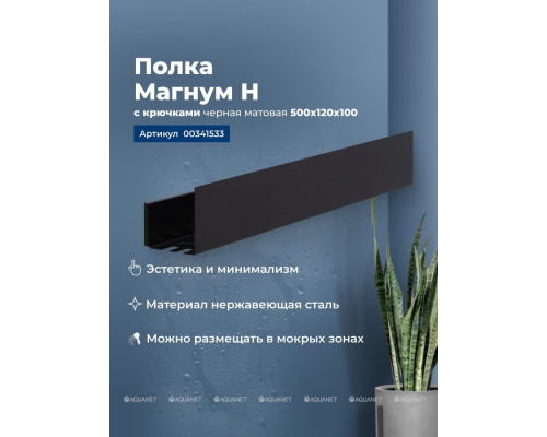 Полка Aquanet Магнум Н 50x12 черная матовая, с крючками
