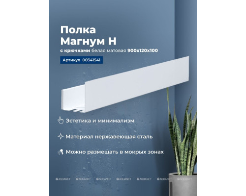 Полка Aquanet Магнум Н 90x12 белая матовая, с крючками