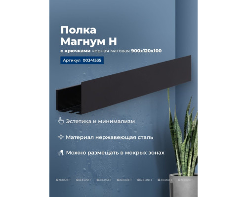 Полка Aquanet Магнум Н 90x12 черная матовая, с крючками