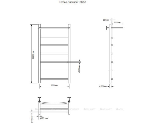 Полотенцесушитель электрический Aquanet Romeo 100х50 Тэн справа, с полкой