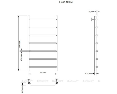 Полотенцесушитель водяной Aquanet Fiona 1000x500, хром