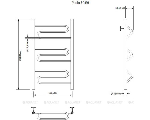 Полотенцесушитель водяной Aquanet Paolo 800x500, хром
