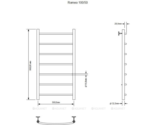 Полотенцесушитель водяной Aquanet Romeo 1000x500, хром