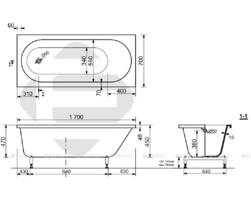 Ванна из искусственного камня Aquanet Lotos Stone 170x70 AQ-00348172