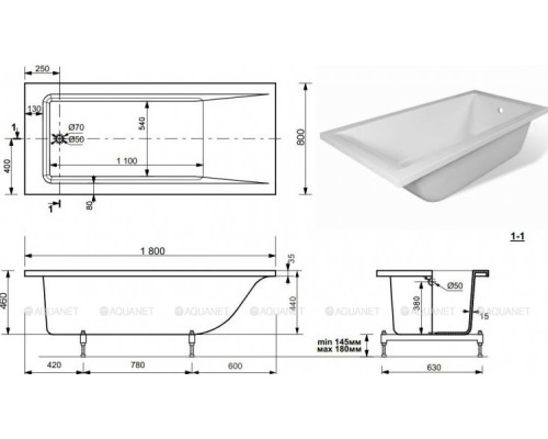 Ванна из искусственного мрамора Aquanet Bright Stone 180х80