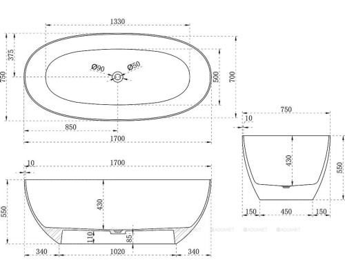 Ванна из полиэфирной смолы Vincea 170x75 VBT-6T01B
