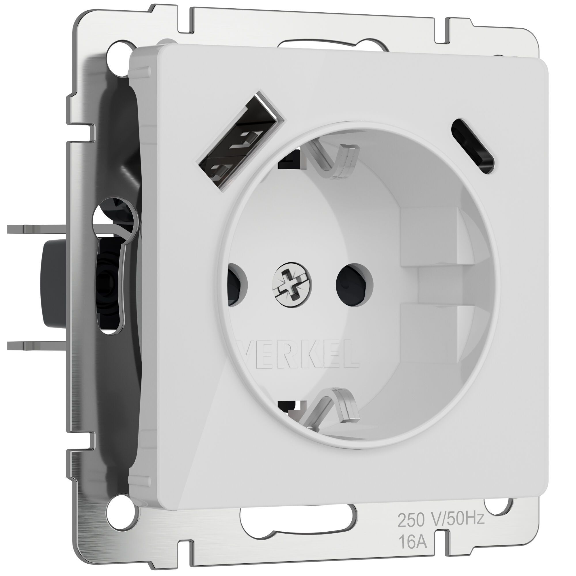 Розетка с заземлением, шторками и USB тип A+C (белый акрил) W1171741