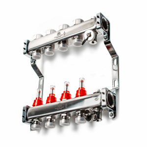 Коллекторный блок из нержавеющей стали Gekon 1x3/4 EK 4 выхода со сливными кранами и воздухоотводчиками GK 72104