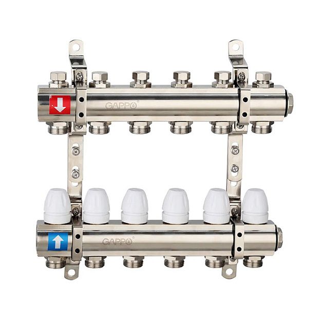 Комплект коллекторов латунных GAPPO G427 1x3/4 EK 6 выходов с кронштейнами G427-6