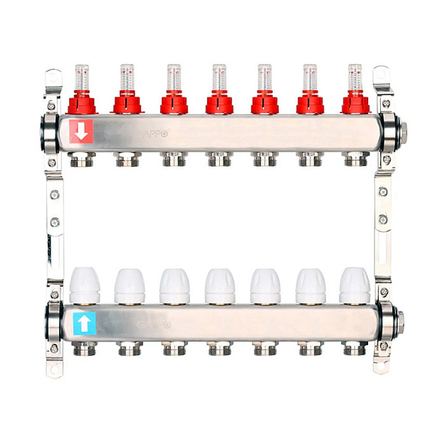 Комплект коллекторов Gappo G424 1 x 3/4 EK 7 выходов нержавеющая сталь с расходомерами и кронштейнами G424-7